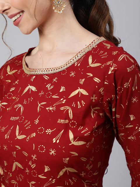 Wome Maroon Printed Flared Dress With Three quarter Sleeves