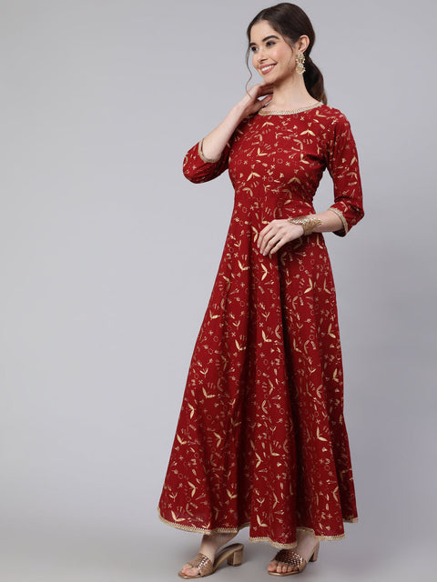 Wome Maroon Printed Flared Dress With Three quarter Sleeves