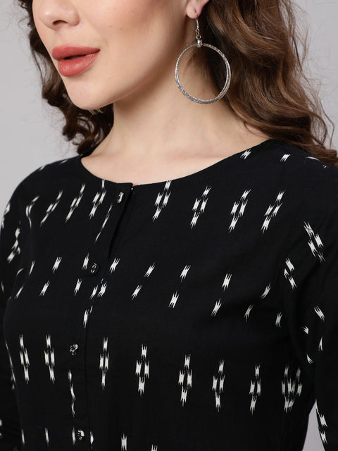 Women Black Ikat Printed Flared Dress With Three Quarter sleeves