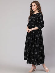 Women Black Ikat Printed Flared Dress With Three Quarter sleeves