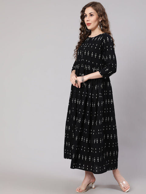 Women Black Ikat Printed Flared Dress With Three Quarter sleeves