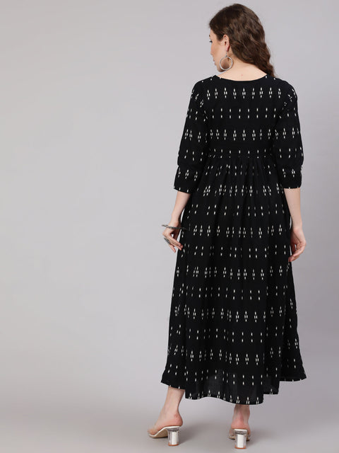 Women Black Ikat Printed Flared Dress With Three Quarter sleeves