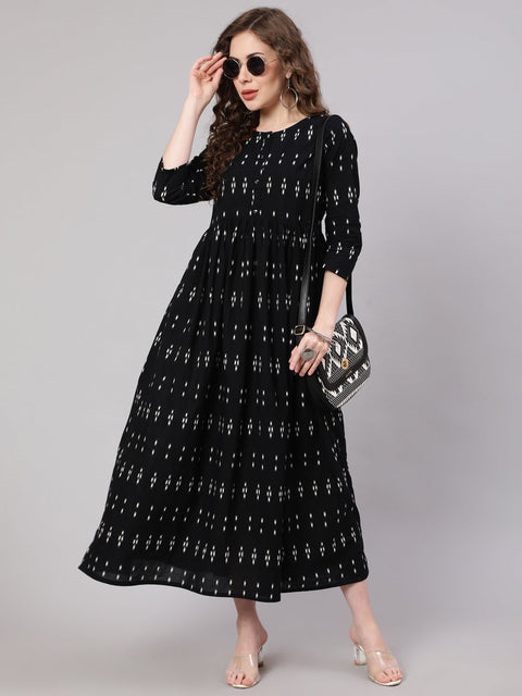 Women Black Ikat Printed Flared Dress With Three Quarter sleeves