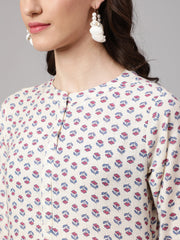 Women Off White Printed Straight Tunic With Three Quarter Sleeves