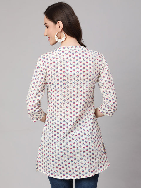 Women Off White Printed Straight Tunic With Three Quarter Sleeves