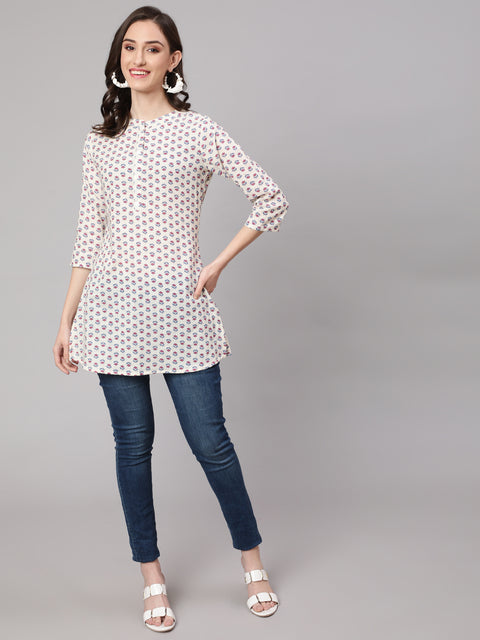 Women Off White Printed Straight Tunic With Three Quarter Sleeves