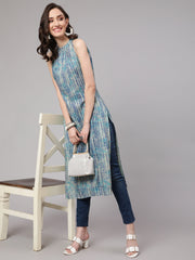 Women Blue Printed Straight Kurta With Halter Neck