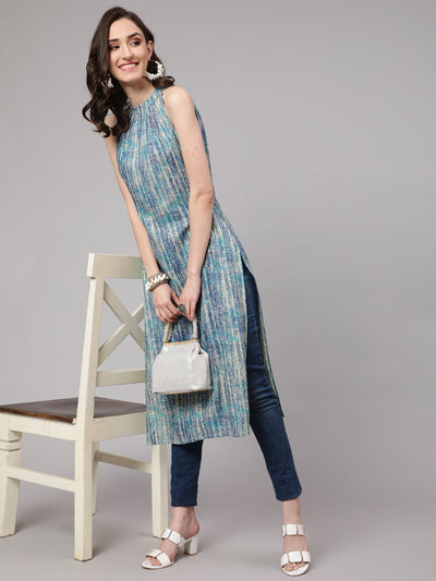 Women Blue Printed Straight Kurta With Halter Neck
