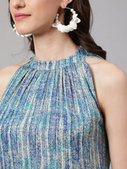 Women Blue Printed Straight Kurta With Halter Neck