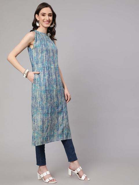 Women Blue Printed Straight Kurta With Halter Neck
