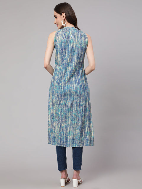 Women Blue Printed Straight Kurta With Halter Neck