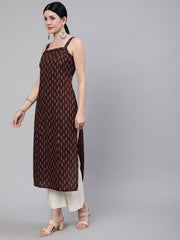 Women Brown Ikat Printed Straight Kurta With Shoulder Straps