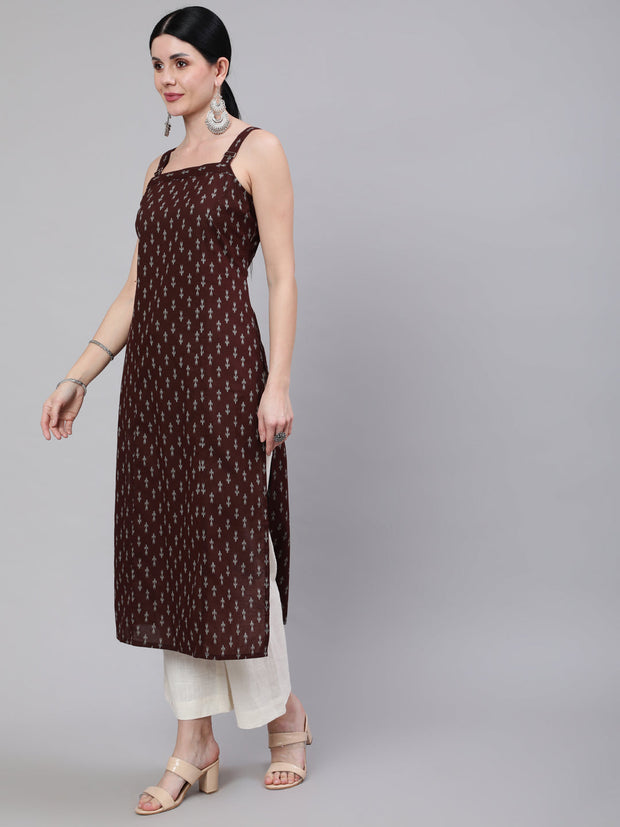 Women Brown Ikat Printed Straight Kurta With Shoulder Straps