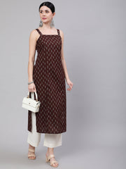 Women Brown Ikat Printed Straight Kurta With Shoulder Straps
