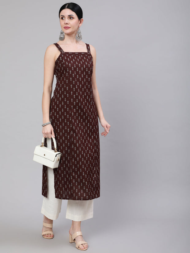 Women Brown Ikat Printed Straight Kurta With Shoulder Straps