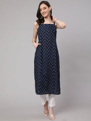 Women Blue Ikat Printed Straight Kurta With Shoulder Straps