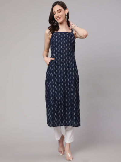 Women Blue Ikat Printed Straight Kurta With Shoulder Straps