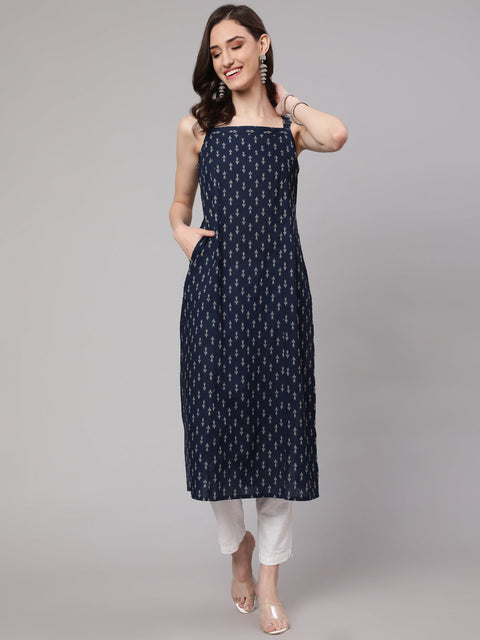 Women Blue Ikat Printed Straight Kurta With Shoulder Straps