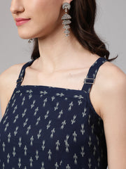 Women Blue Ikat Printed Straight Kurta With Shoulder Straps