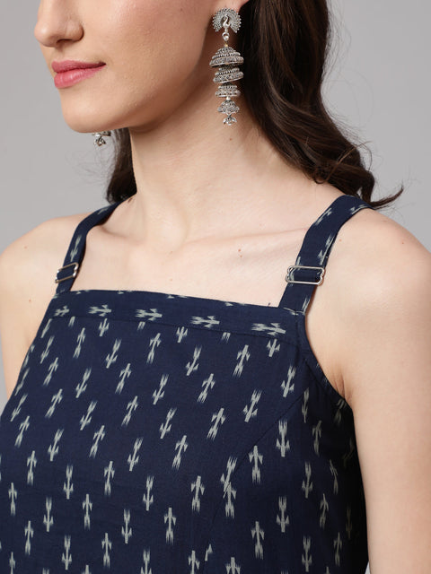 Women Blue Ikat Printed Straight Kurta With Shoulder Straps