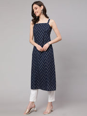 Women Blue Ikat Printed Straight Kurta With Shoulder Straps