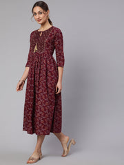 Wome Burgundy Printed Flared Dress With Three quarter Sleeves