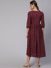 Wome Burgundy Printed Flared Dress With Three quarter Sleeves