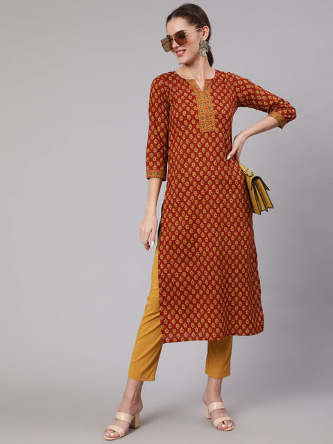 Women Maroon Ethnic Printed Straight Kurta With Three Quarter Sleeves