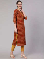 Women Maroon Ethnic Printed Straight Kurta With Three Quarter Sleeves