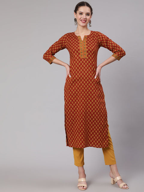 Women Maroon Ethnic Printed Straight Kurta With Three Quarter Sleeves
