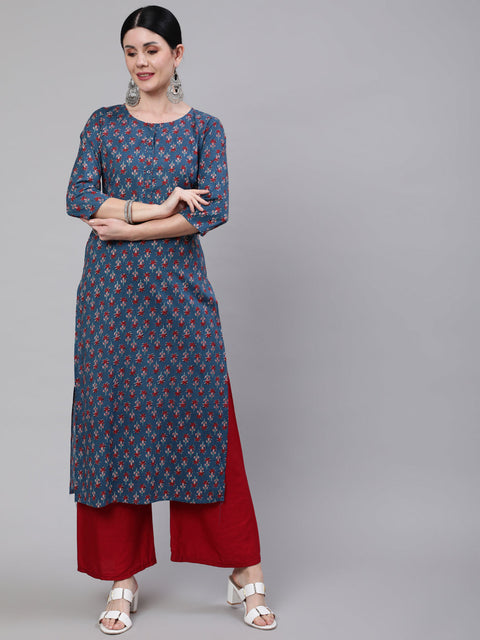 Women Blue Ethnic Printed Straight Kurta With Three Quarter Sleeves
