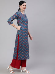 Women Blue Ethnic Printed Straight Kurta With Three Quarter Sleeves