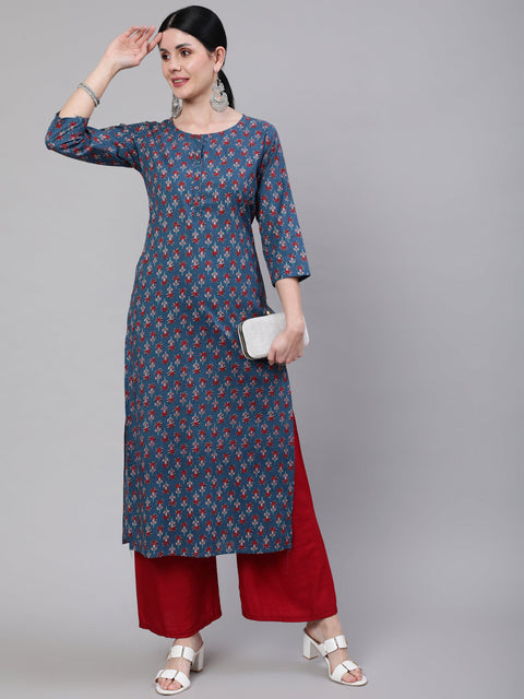 Women Blue Ethnic Printed Straight Kurta With Three Quarter Sleeves