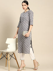 Women Grey Ethnic Printed Straight Kurta With Three Quarter Sleeves