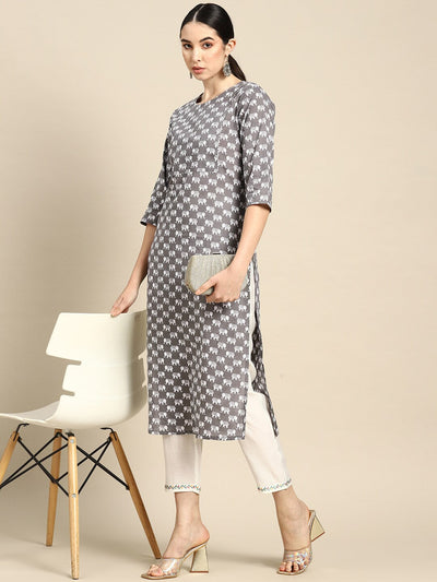 Women Grey Ethnic Printed Straight Kurta With Three Quarter Sleeves