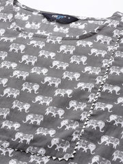 Women Grey Ethnic Printed Straight Kurta With Three Quarter Sleeves