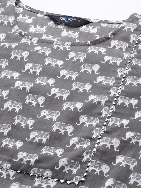 Women Grey Ethnic Printed Straight Kurta With Three Quarter Sleeves