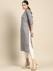 Women Grey Ethnic Printed Straight Kurta With Three Quarter Sleeves