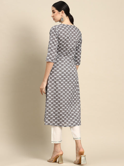 Women Grey Ethnic Printed Straight Kurta With Three Quarter Sleeves