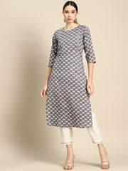 Women Grey Ethnic Printed Straight Kurta With Three Quarter Sleeves