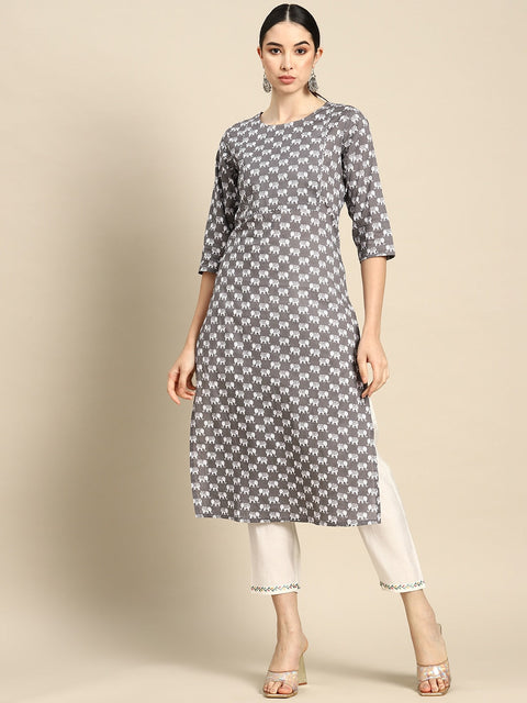 Women Grey Ethnic Printed Straight Kurta With Three Quarter Sleeves