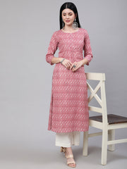 Women Mauve Ethnic Printed Straight Kurta With Three Quarter Sleeves