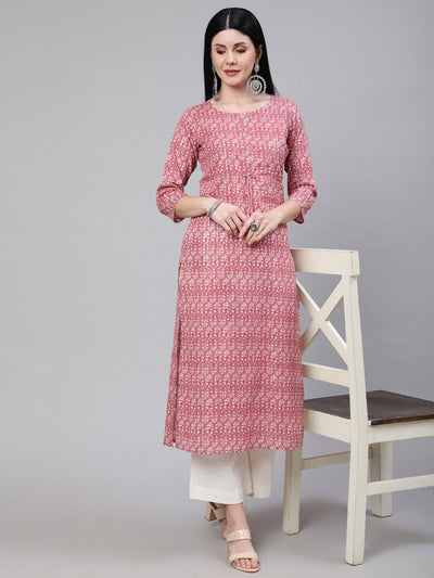 Women Mauve Ethnic Printed Straight Kurta With Three Quarter Sleeves