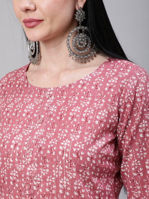 Women Mauve Ethnic Printed Straight Kurta With Three Quarter Sleeves