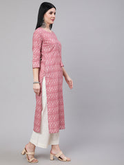 Women Mauve Ethnic Printed Straight Kurta With Three Quarter Sleeves