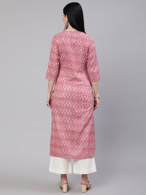 Women Mauve Ethnic Printed Straight Kurta With Three Quarter Sleeves