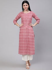 Women Mauve Ethnic Printed Straight Kurta With Three Quarter Sleeves
