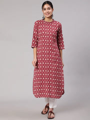 Women Mauve Ethnic Printed Straight Kurta With Three Quarter Sleeves