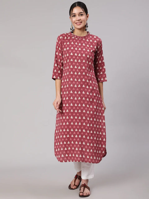 Women Mauve Ethnic Printed Straight Kurta With Three Quarter Sleeves