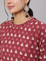 Women Mauve Ethnic Printed Straight Kurta With Three Quarter Sleeves